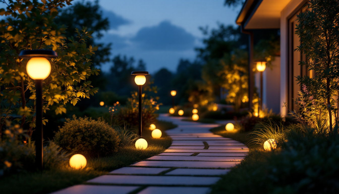 A photograph of a beautifully designed outdoor space illuminated by solar round lights