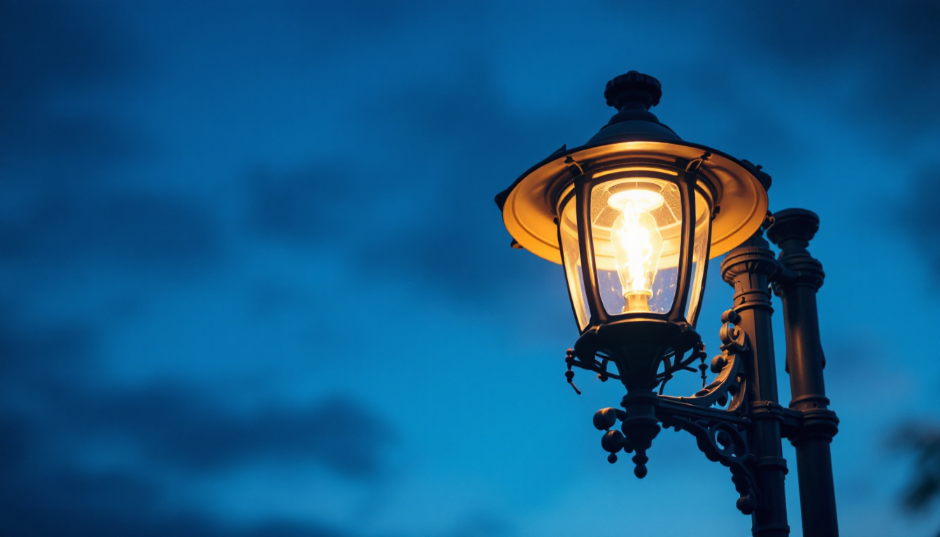 A photograph of a beautifully illuminated lamp post at dusk