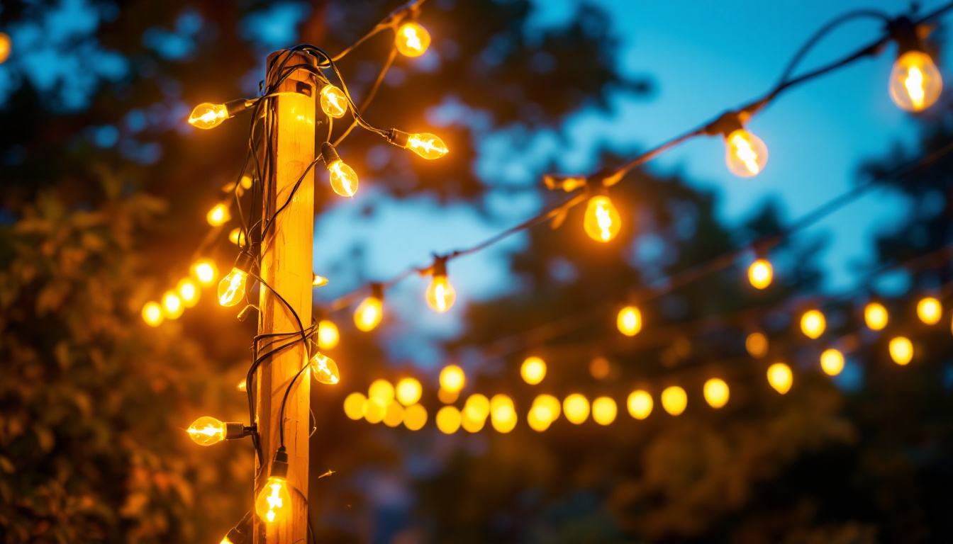 A photograph of a beautifully lit outdoor space featuring a 12-foot pole adorned with string lights