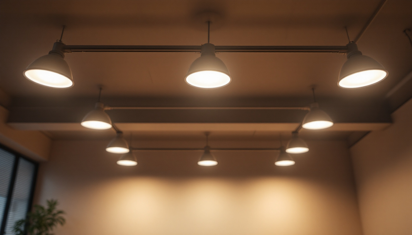 A photograph of a well-lit room featuring can lights installed in the ceiling