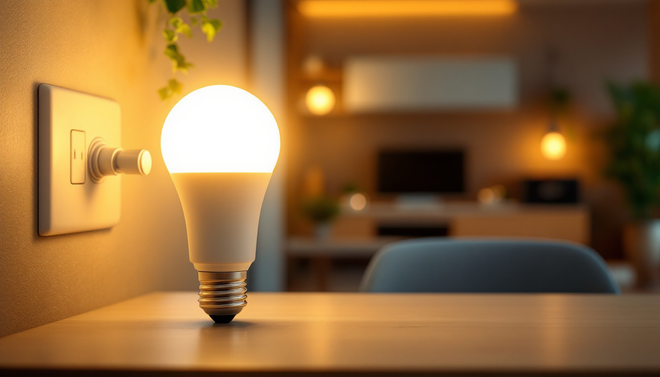 A photograph of a glowing 120v 5w led bulb in a cozy home setting