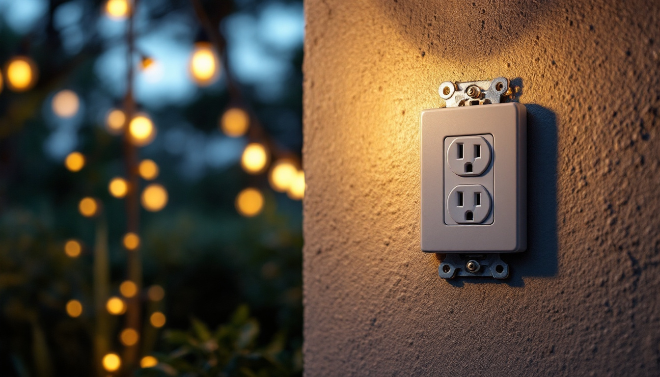 A photograph of a weather-resistant outdoor electrical socket cover installed in a beautifully lit outdoor setting