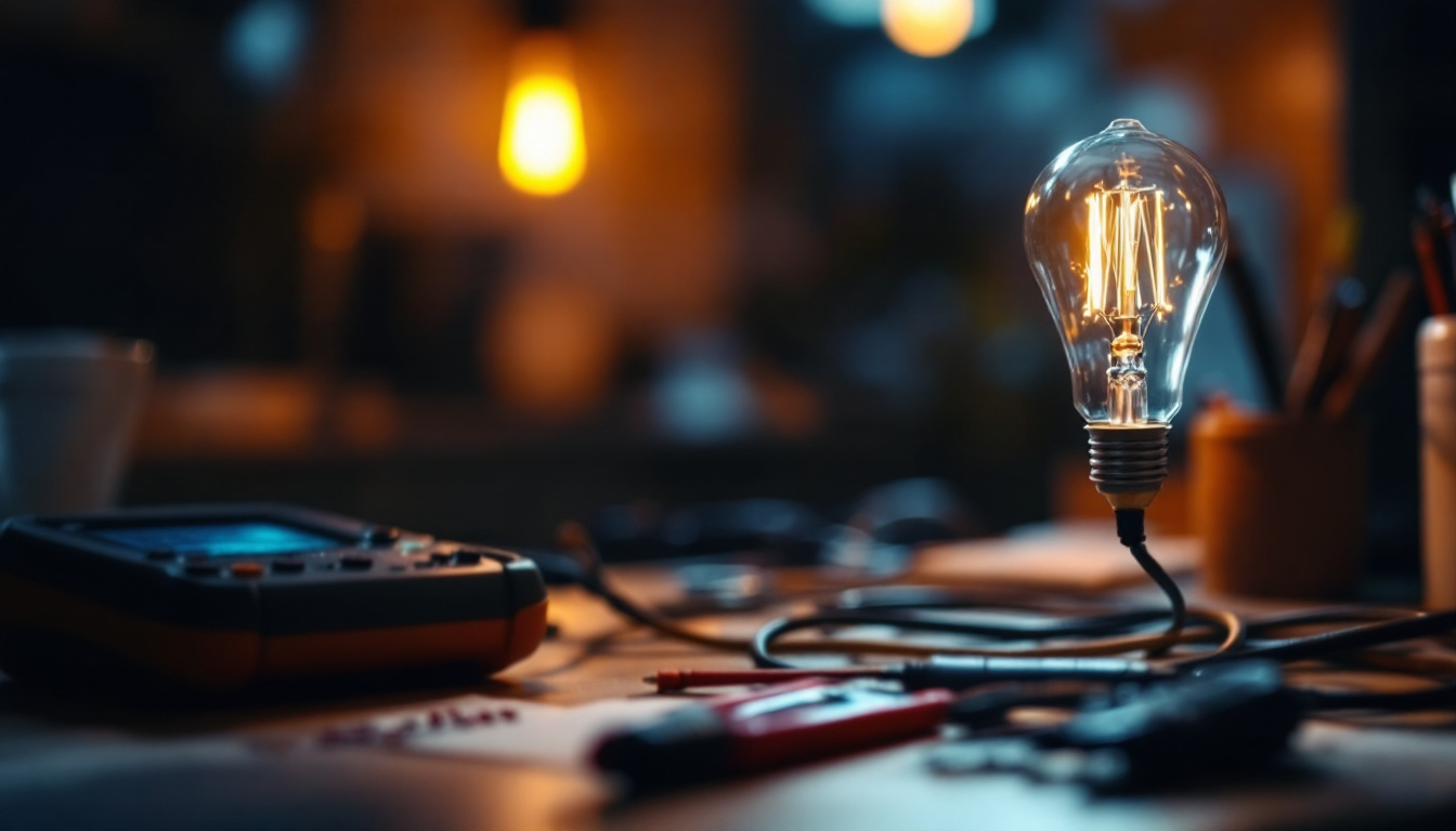 A photograph of a close-up of a flickering lamp in a dimly lit room