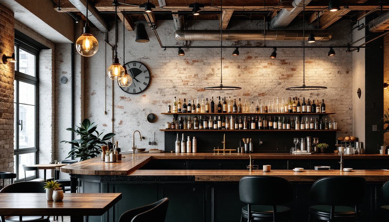 A photograph of a stylish bar interior showcasing a blend of industrial and commercial lighting elements