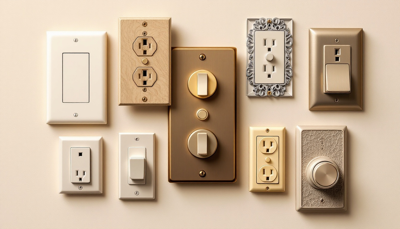 A photograph of a close-up shot of various light switch and outlet covers in different styles and materials