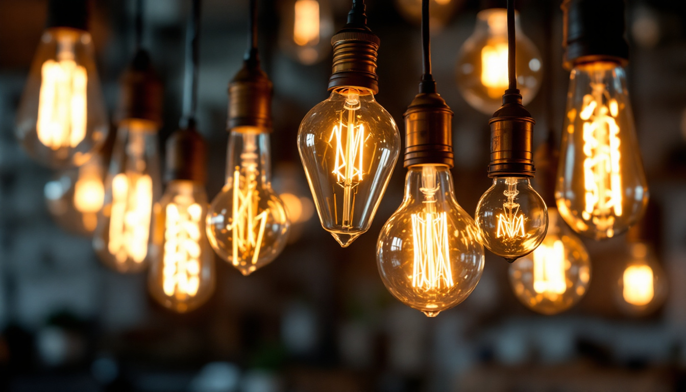 A photograph of a beautifully arranged display of vintage-looking light bulbs in various shapes and sizes