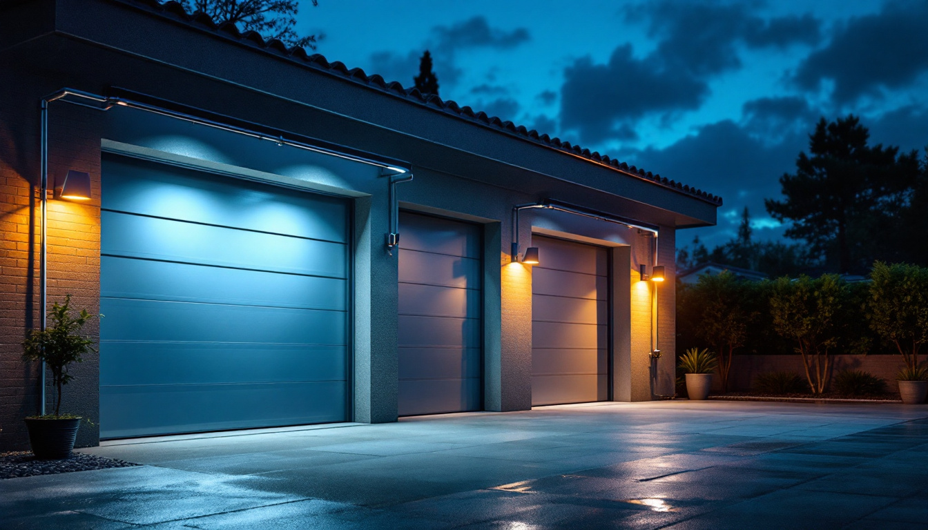 A photograph of a well-lit outdoor garage space featuring modern led lights