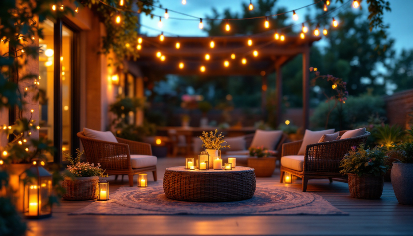 A photograph of a beautifully arranged outdoor space illuminated by warm led string lights