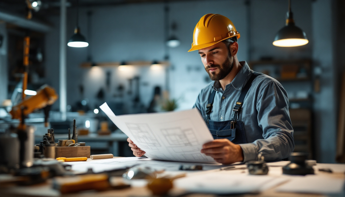 A photograph of a skilled electrician thoughtfully examining a lighting design blueprint in a well-lit workspace