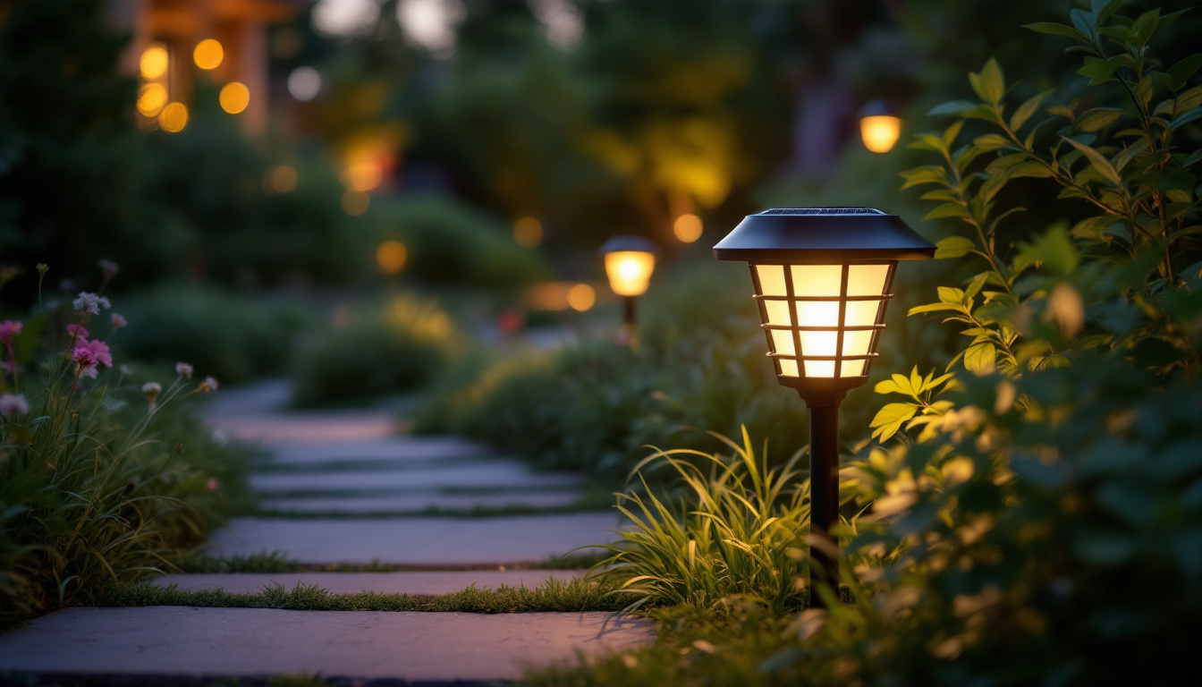 A photograph of a beautifully designed metal solar light illuminating a garden pathway at dusk