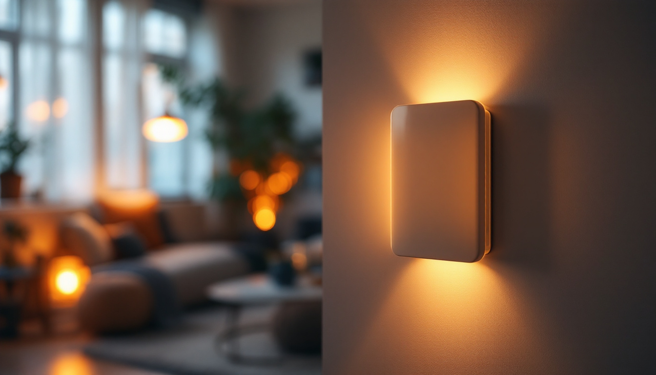 A photograph of a modern home interior showcasing a stylish wifi-controlled light switch in action