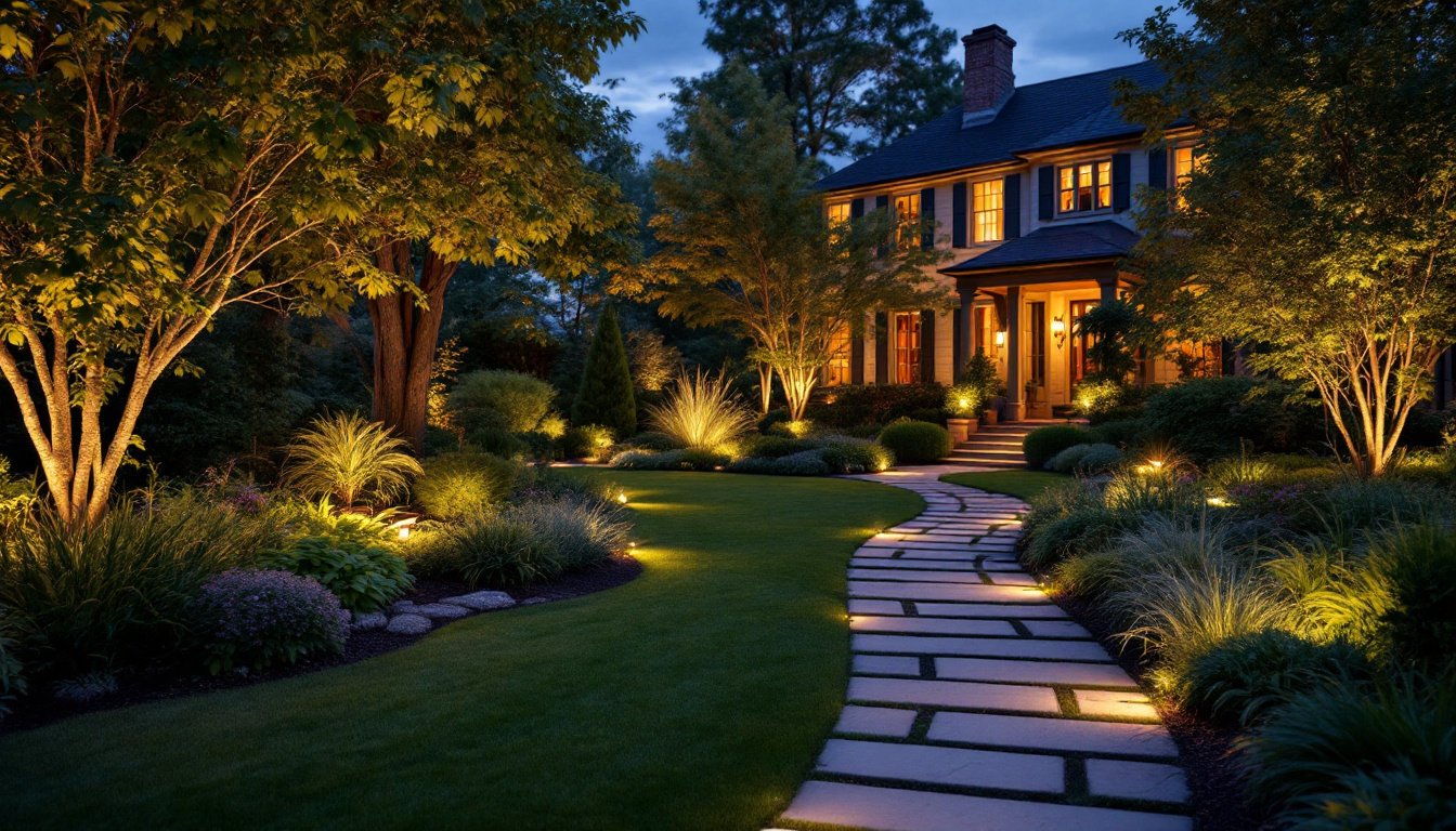 A photograph of a beautifully illuminated residential garden at dusk