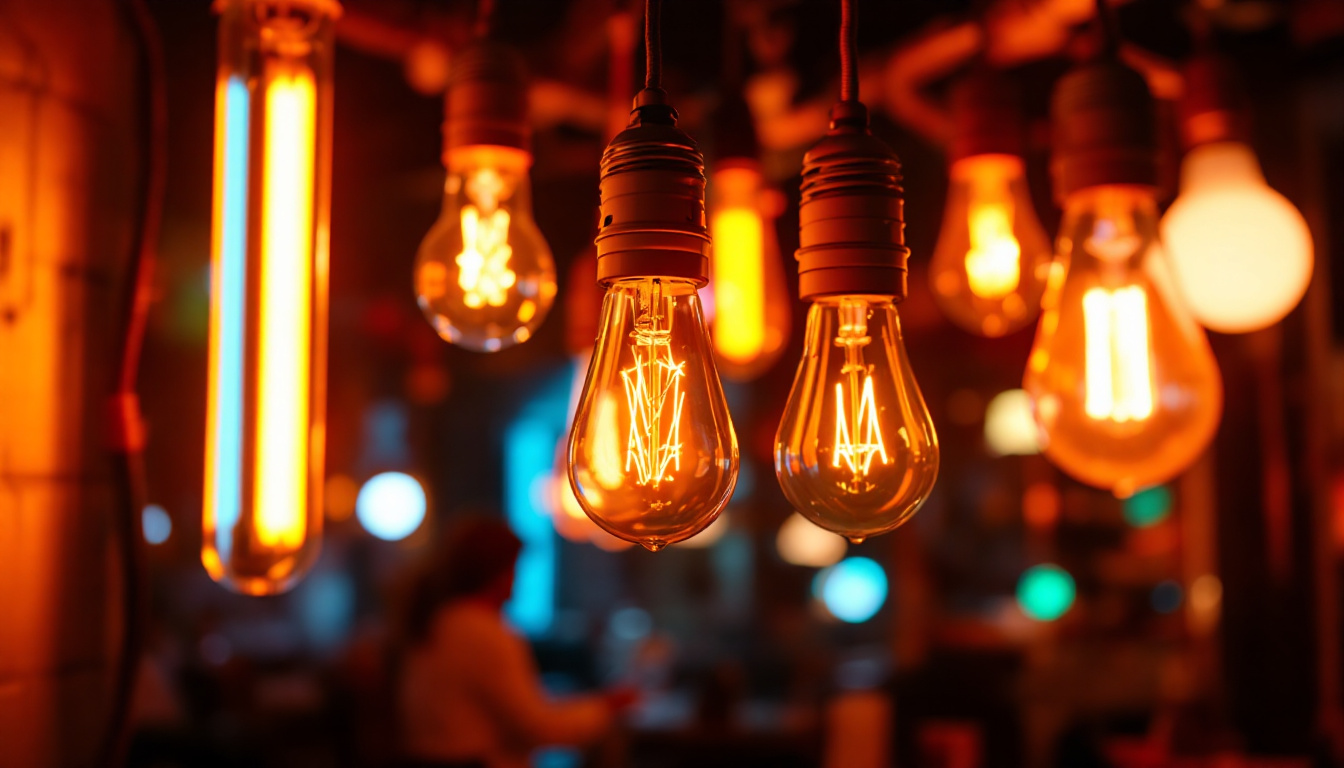 A photograph of a brightly lit scene featuring various colored fluorescent bulbs in use