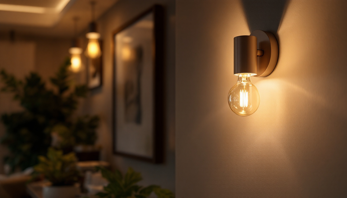 A photograph of a stylish indoor wall sconce light fixture illuminated in a cozy living space