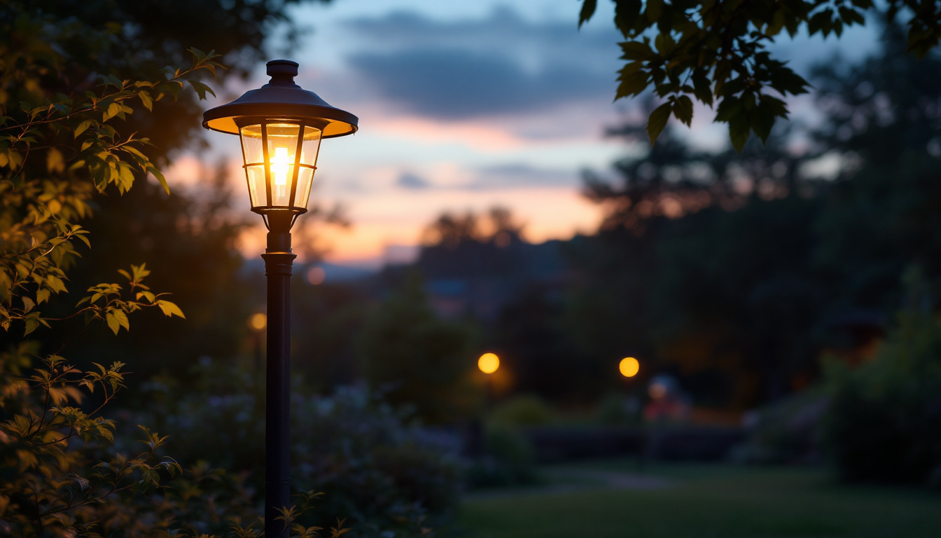 A photograph of a beautifully illuminated lamp post solar light in a picturesque outdoor setting during twilight
