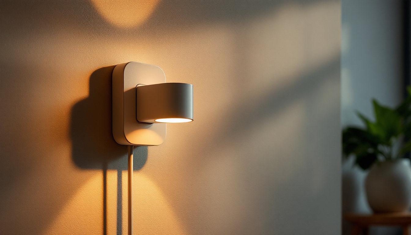 A photograph of a stylish plug-in light fixture mounted on a wall
