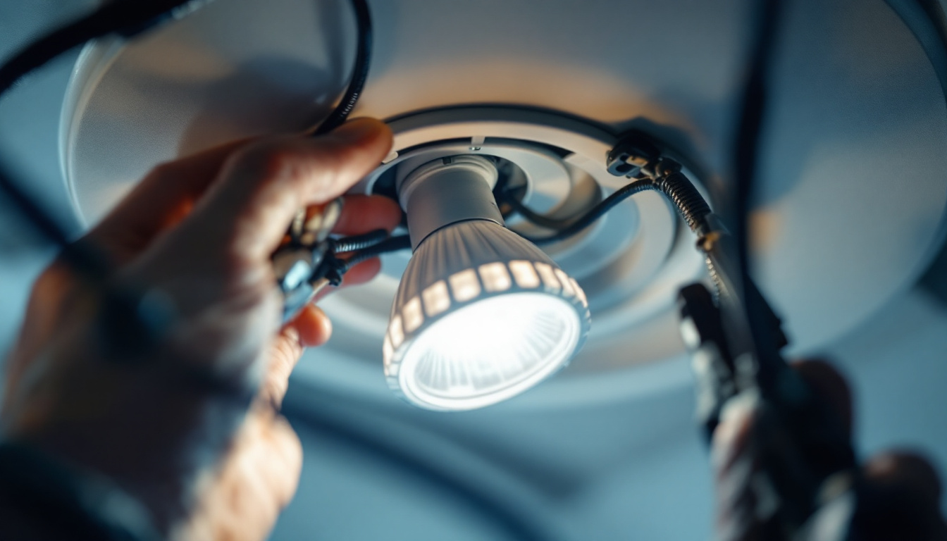 A photograph of a close-up shot of an mr16 led bulb being installed or inspected in a modern light fixture