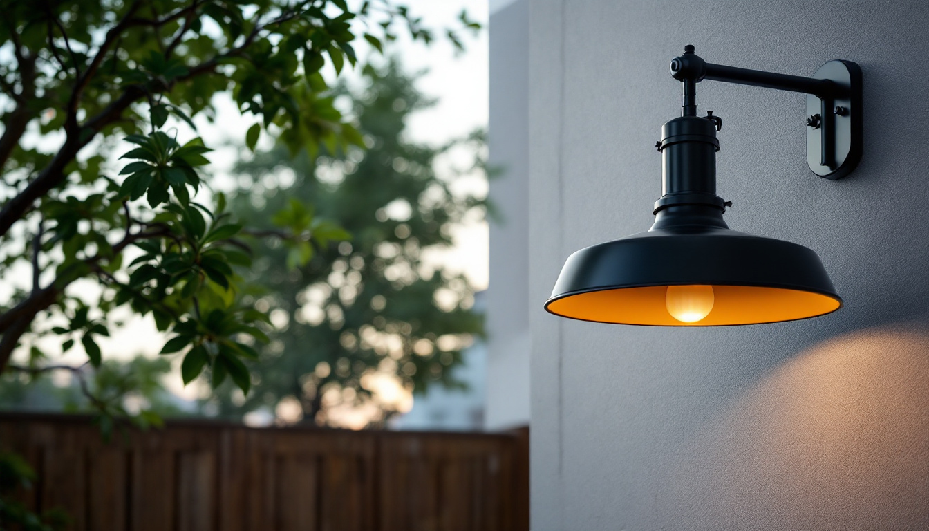 A photograph of a stylish black outdoor hanging light installed in a modern outdoor setting