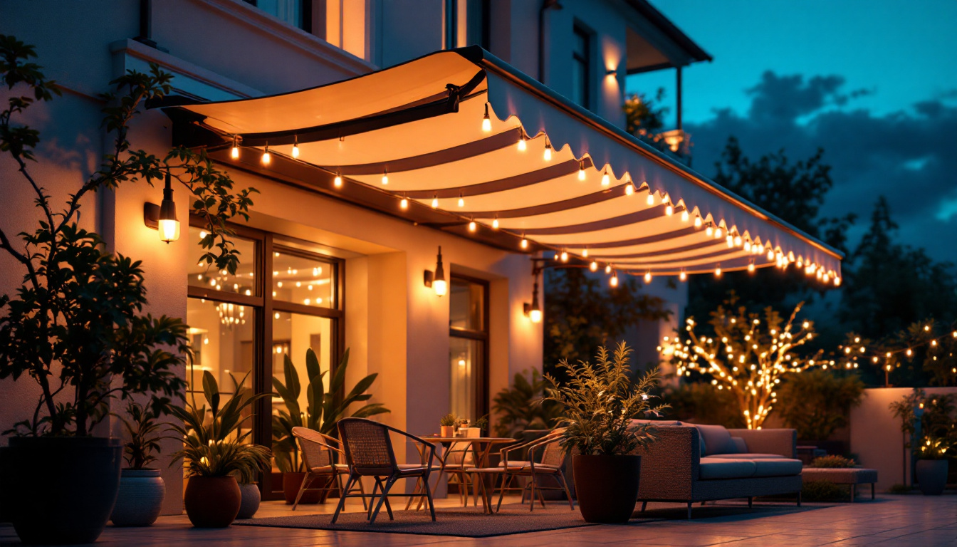 A photograph of a beautifully illuminated outdoor space featuring a stylish lighted awning