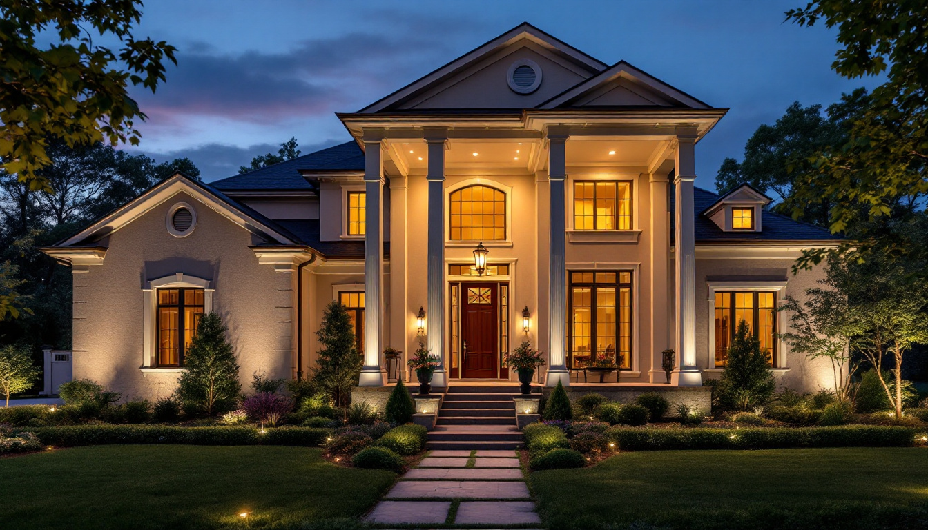 A photograph of a beautifully illuminated exterior of a home at dusk