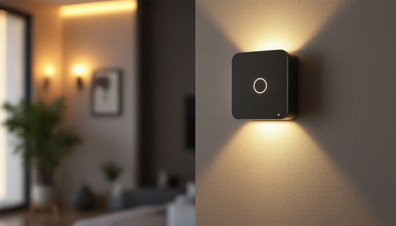 A photograph of a modern motion detection light switch installed in a stylish home setting