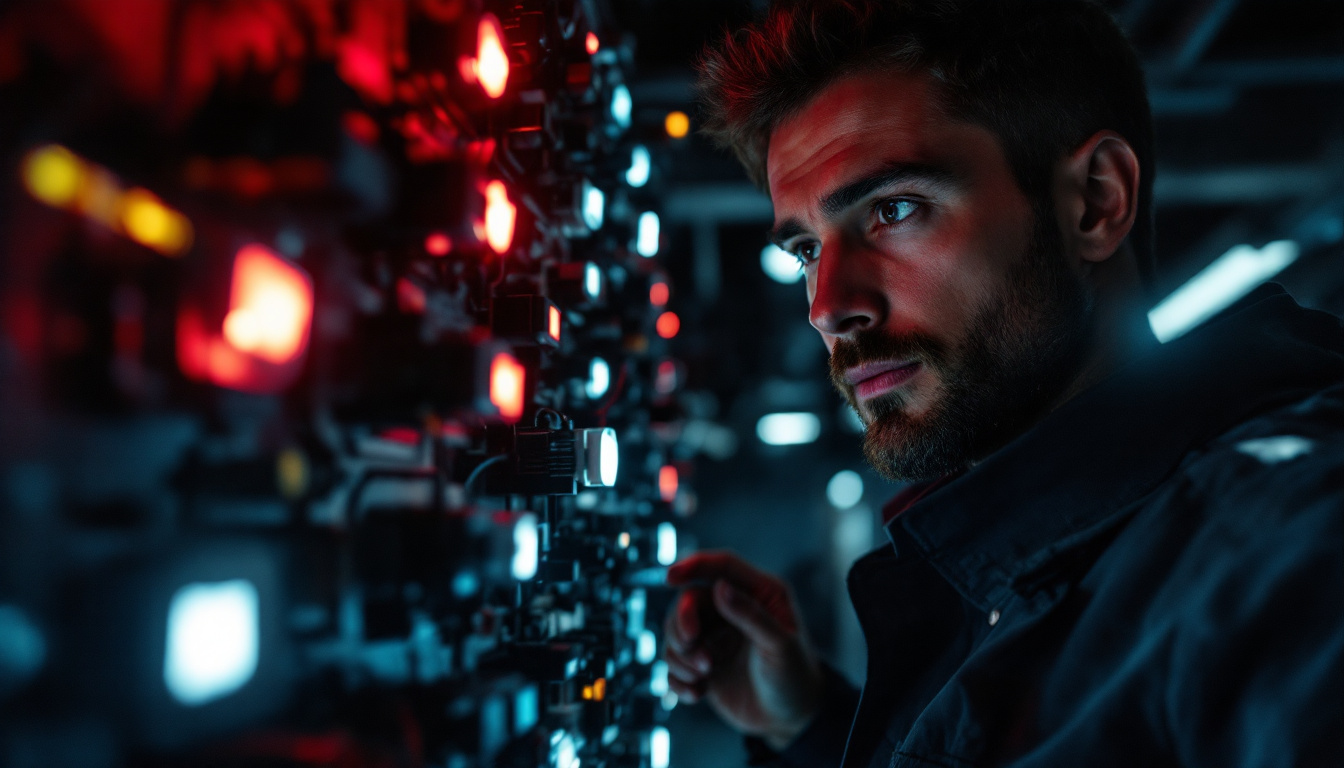 A photograph of a lighting engineer in a dimly lit environment