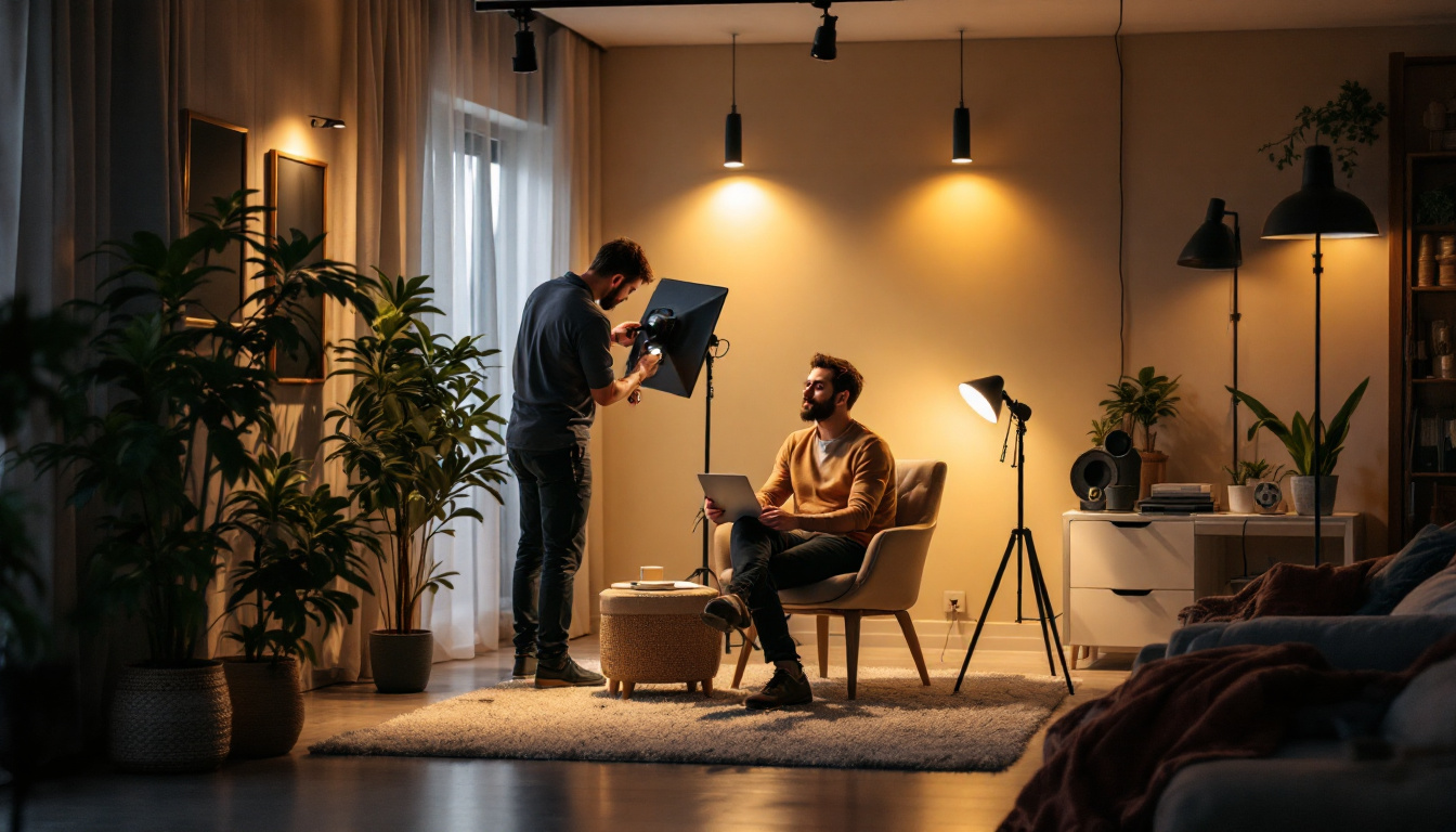 A photograph of a well-lit corner of a modern room showcasing various lighting options