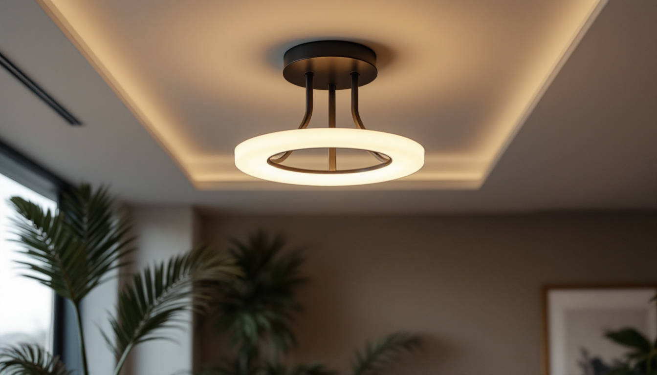 A photograph of a modern ceiling light fixture installed in an elegant interior setting