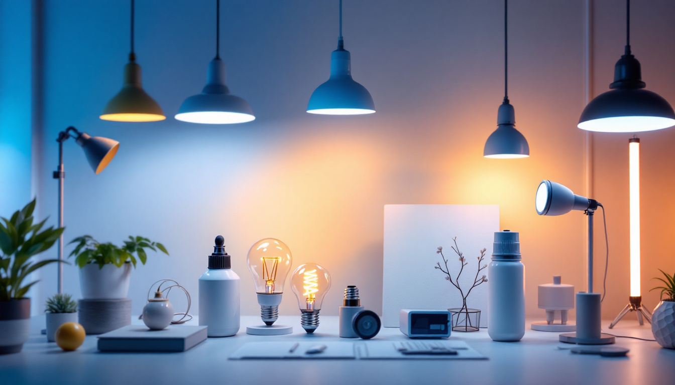 A photograph of a well-lit workspace showcasing various types of lighting fixtures—such as led