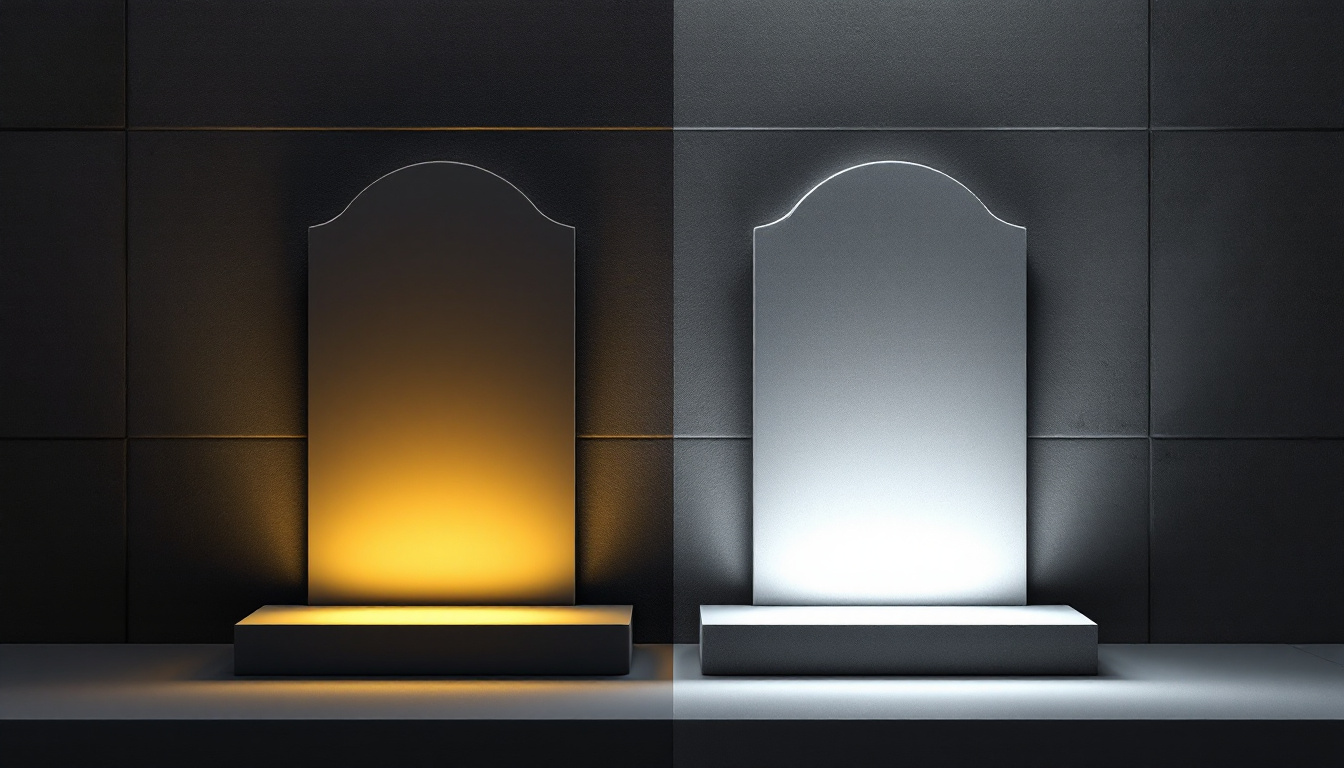 A photograph of a side-by-side comparison of shunted and non-shunted tombstones in a well-lit lighting project setting