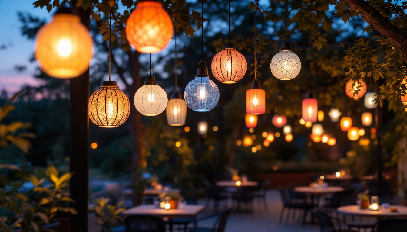 A photograph of a beautifully illuminated outdoor space featuring a variety of hanging lanterns
