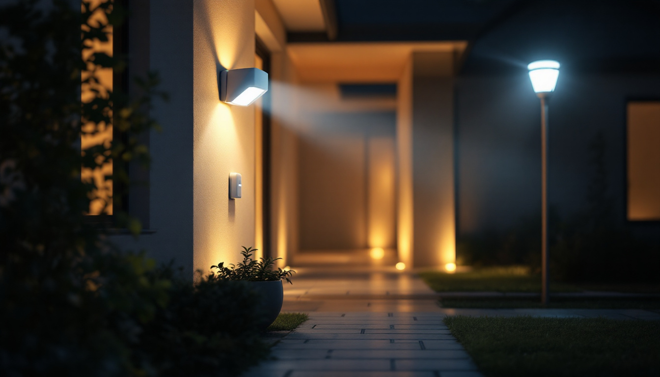 A photograph of a well-lit exterior scene featuring motion sensor lights in action