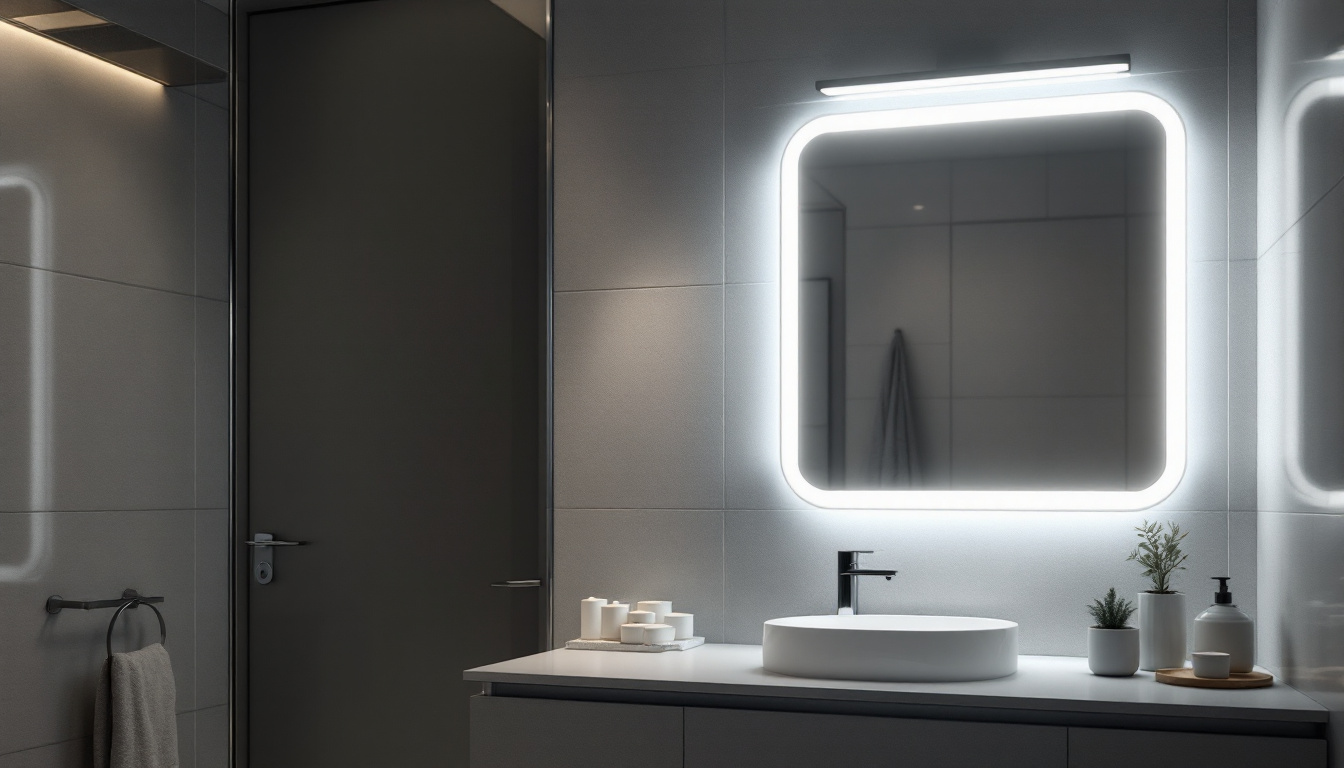 A photograph of a beautifully illuminated bathroom mirror featuring sleek led lighting