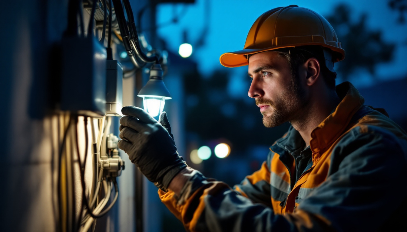 A photograph of a technician inspecting and troubleshooting an outdoor electrical lighting system