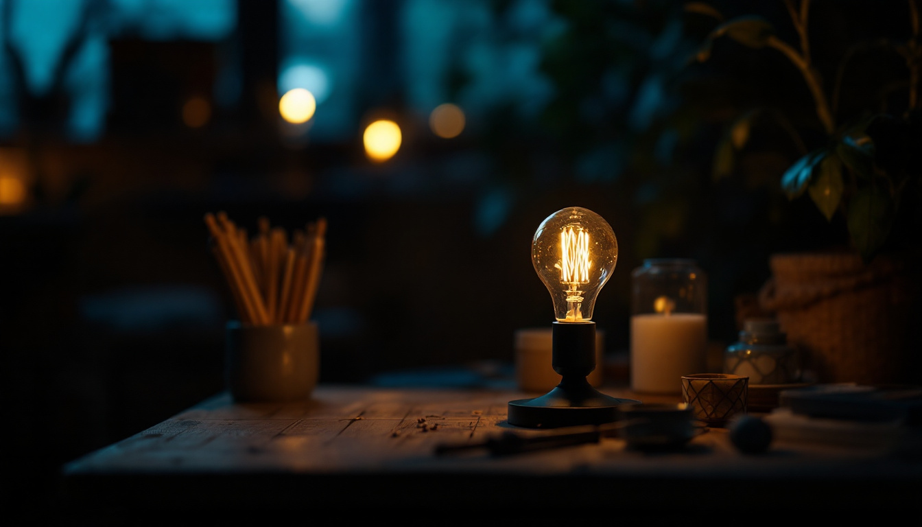 A photograph of a flickering lamp in a dimly lit room