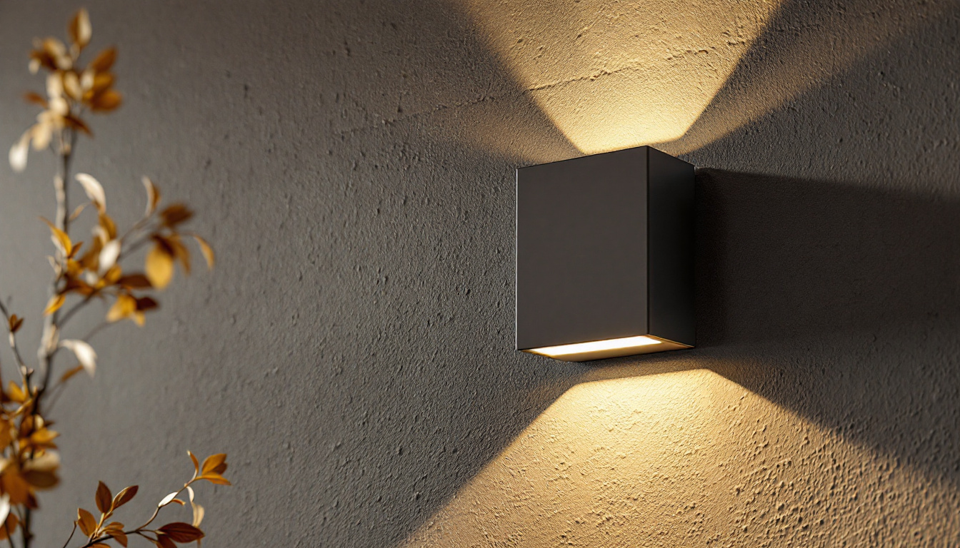 A photograph of a stylish flat wall sconce mounted on a textured wall