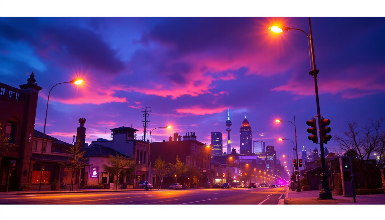 A photograph of a vibrant urban scene illuminated by rab led lights at dusk