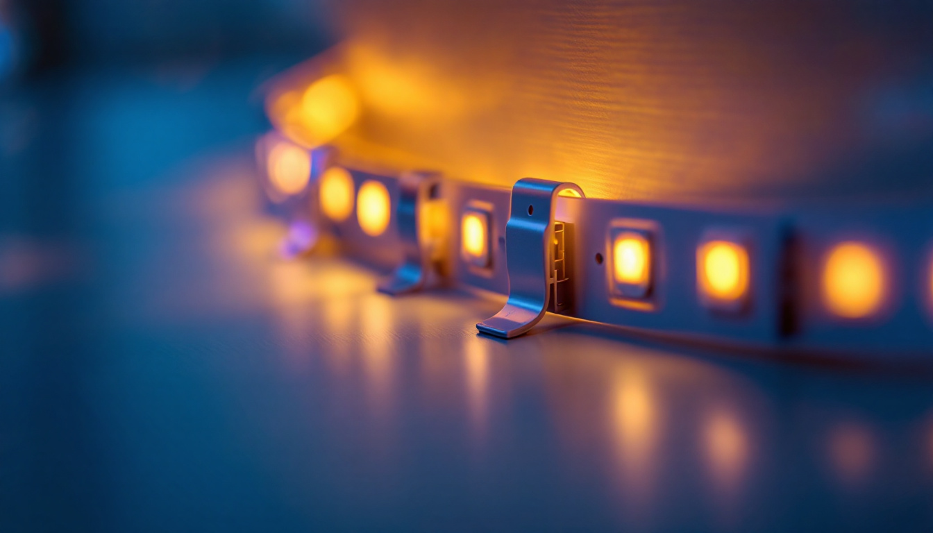 A photograph of a close-up shot of led tape light clips being installed on a surface