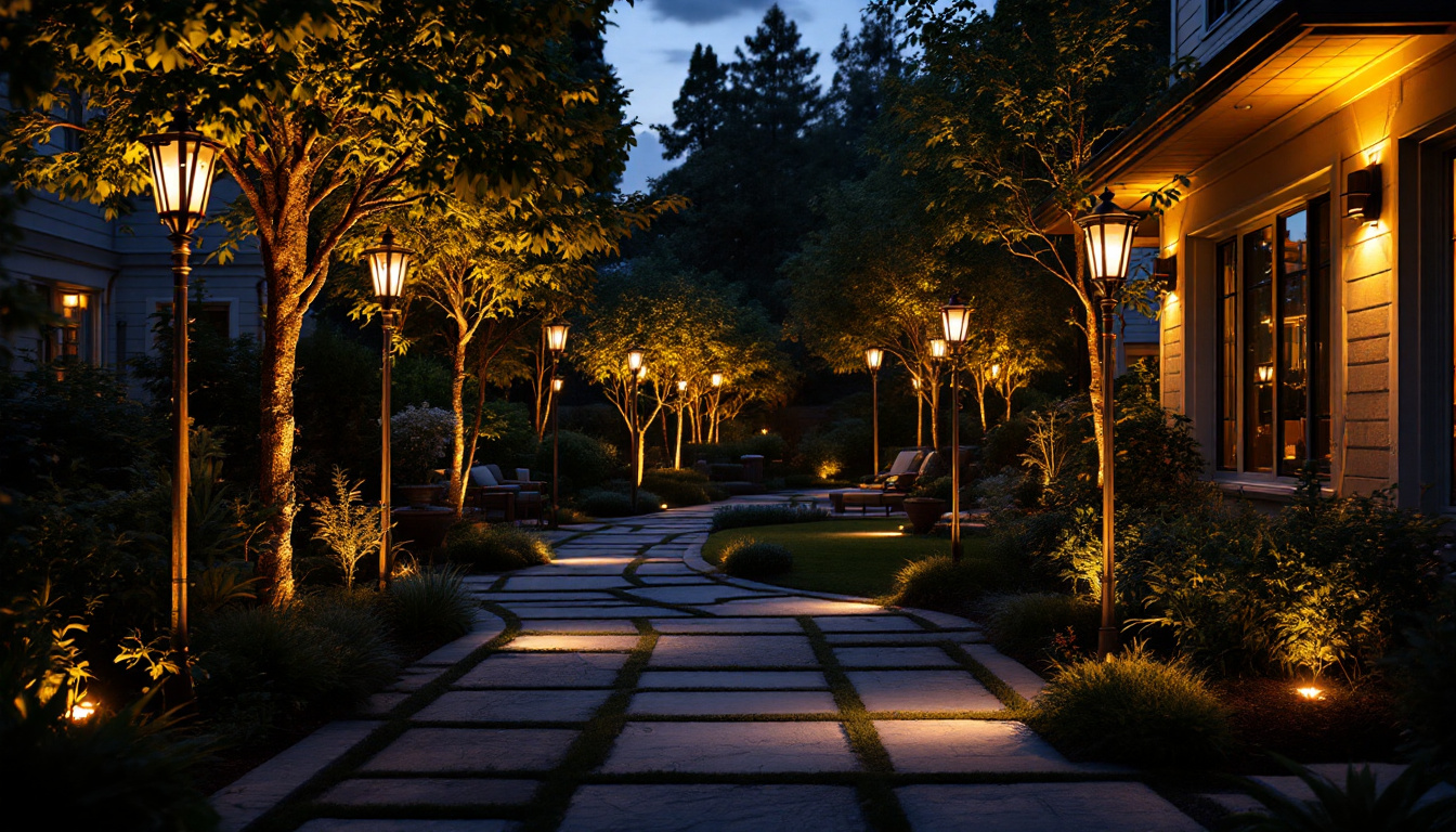 A photograph of a beautifully illuminated backyard featuring elegant light poles