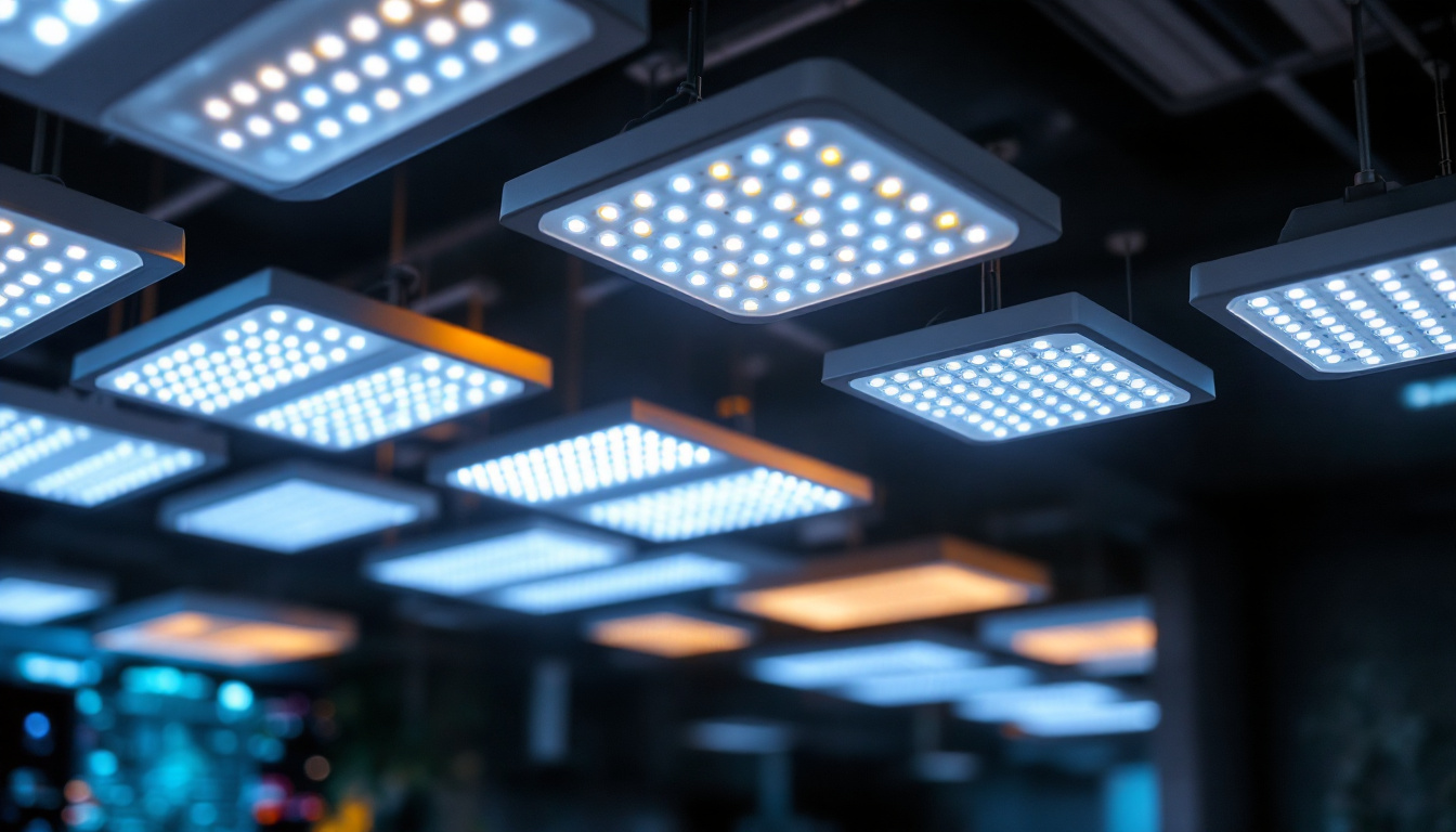 A photograph of a well-lit indoor space featuring covered led lights in various fixtures