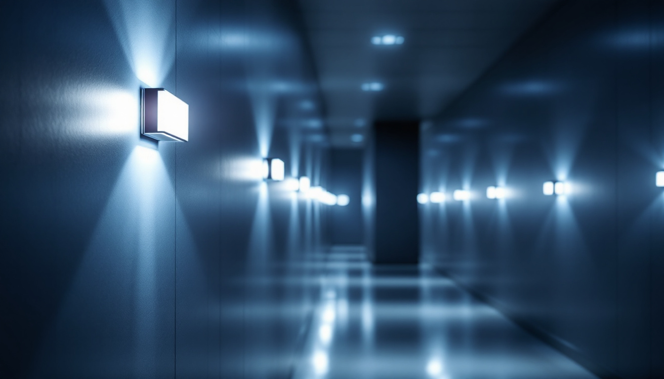 A photograph of a well-lit hallway featuring modern led lights