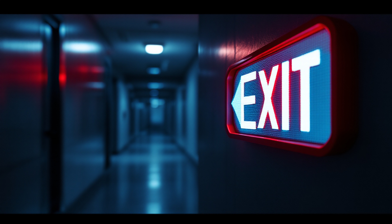A photograph of a well-lit emergency exit sign in a dimly lit corridor