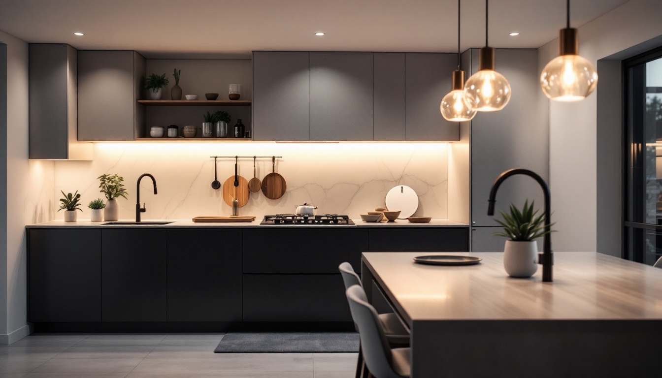 A photograph of a modern kitchen featuring well-placed recessed lighting