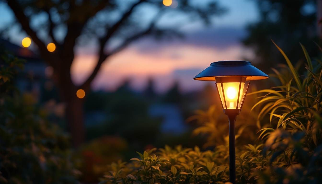 A photograph of a beautifully designed outdoor solar lamp illuminating a garden or patio setting at dusk