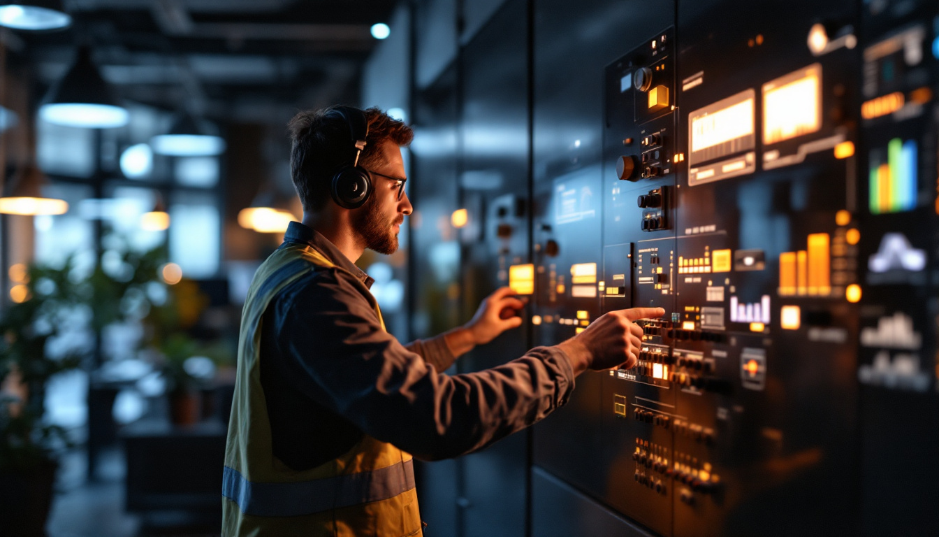 A photograph of a lighting control panel in a modern engineering workspace