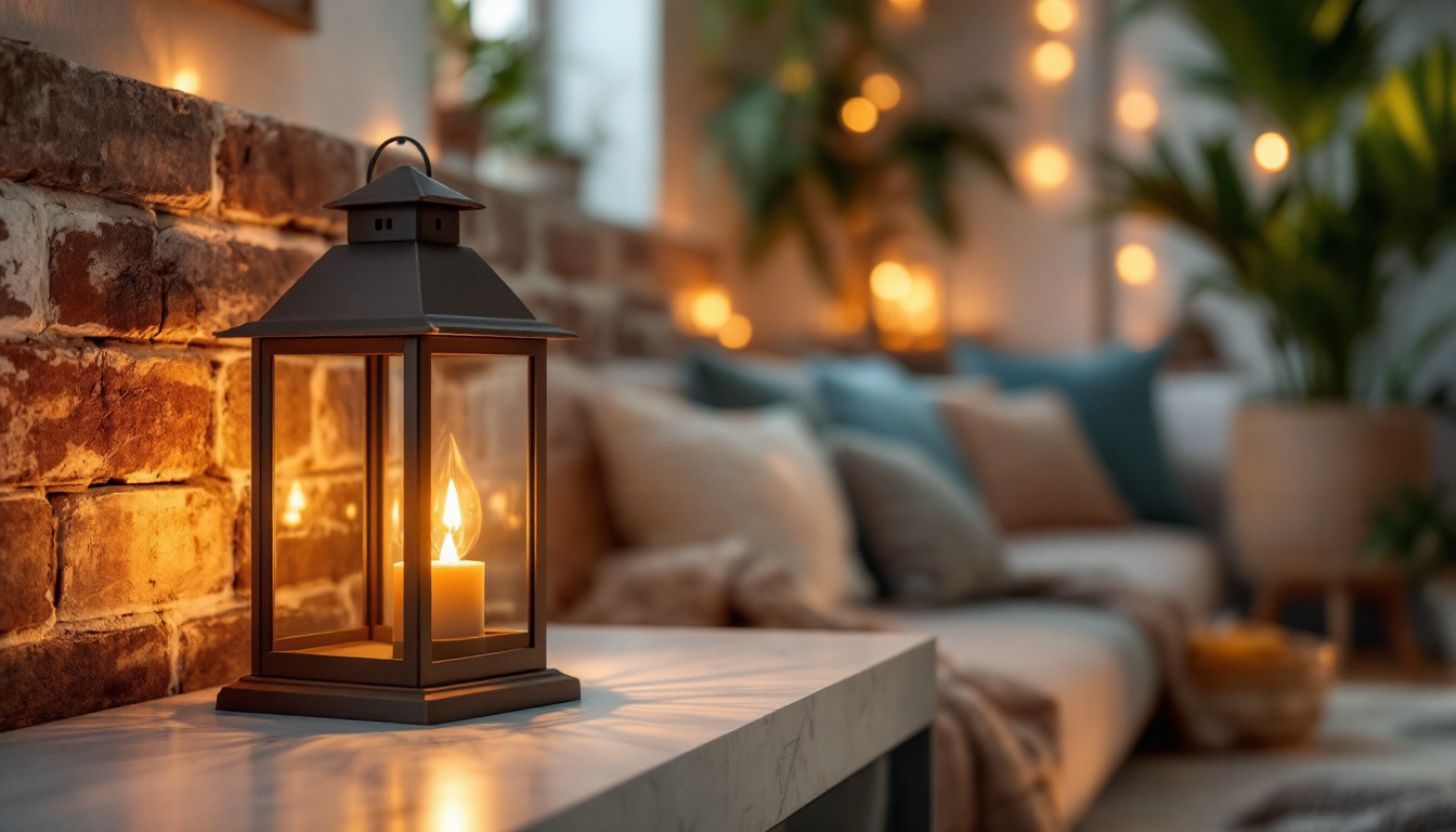 A photograph of a beautifully lit lantern placed in a thoughtfully designed space