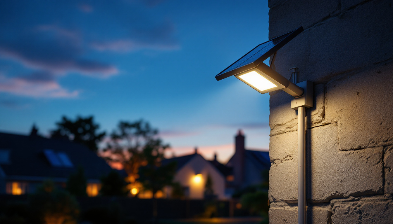 A photograph of a solar security light installed in an outdoor setting at dusk