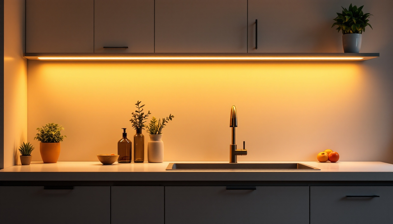 A photograph of a beautifully illuminated kitchen under counter area showcasing led light strips in action