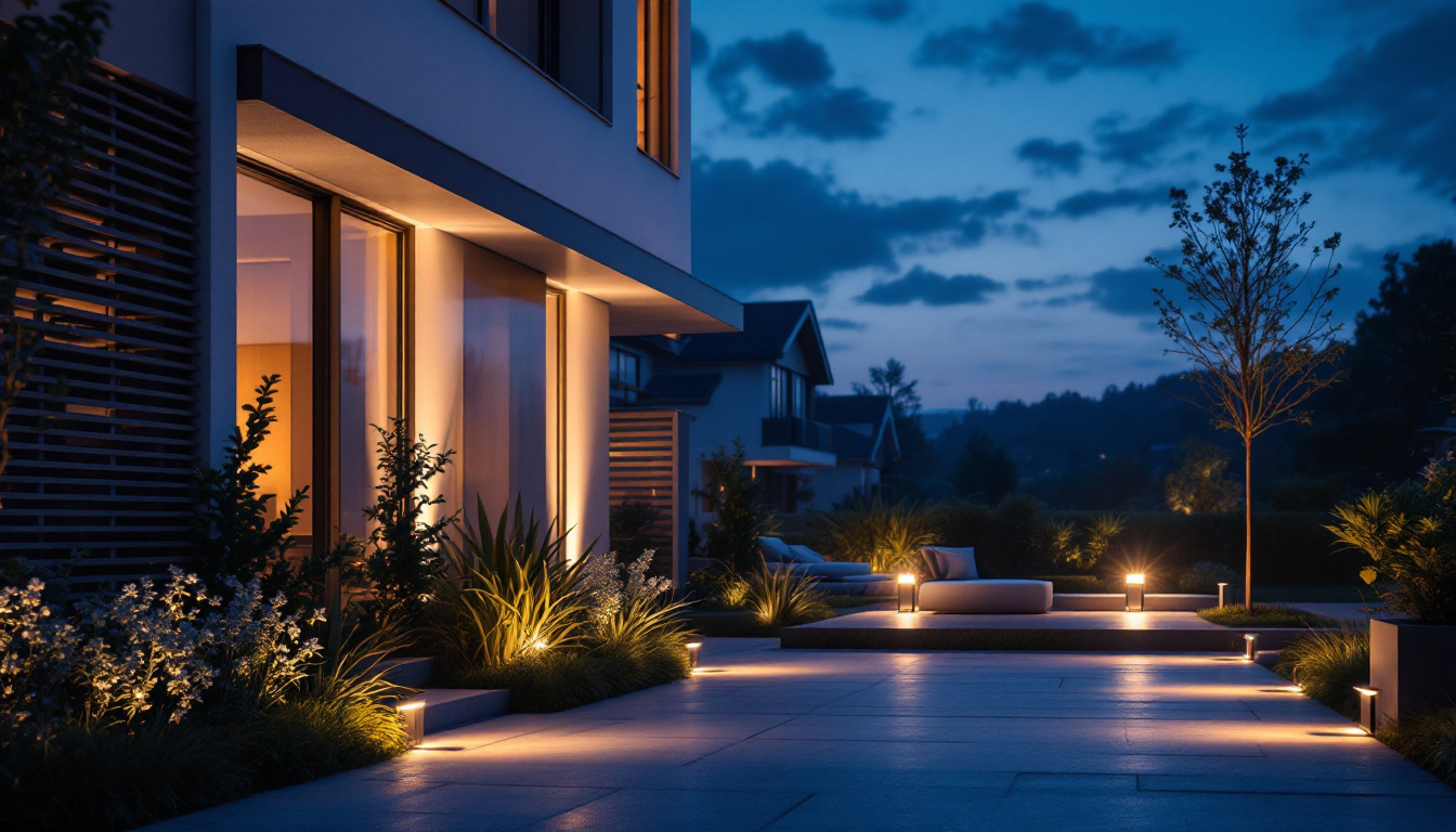 A photograph of a beautifully illuminated outdoor space featuring sleek