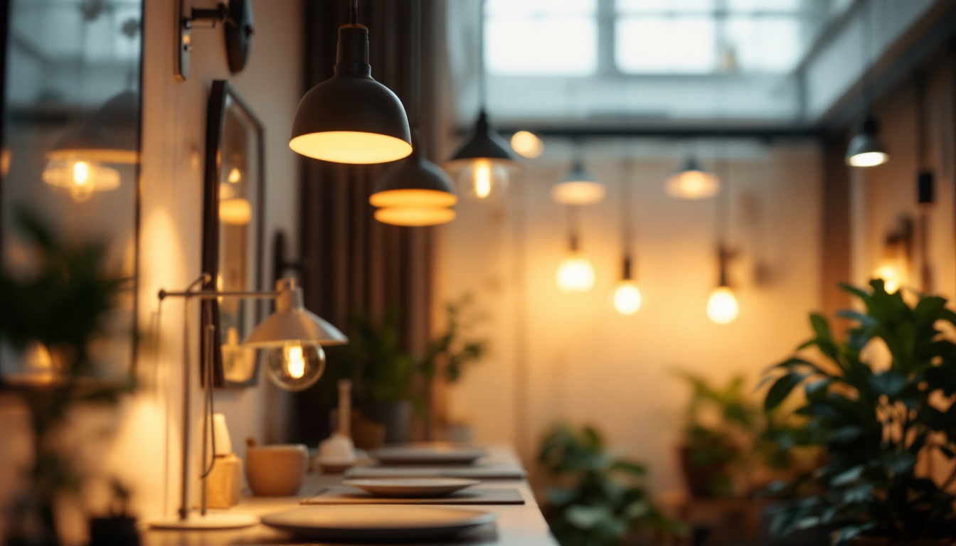 A photograph of a well-lit interior space showcasing various types of lighting fixtures